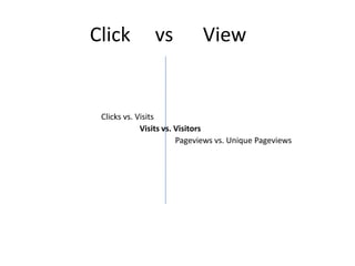 Click          vs            View


 Clicks vs. Visits
             Visits vs. Visitors
                        Pageviews vs. Unique Pageviews
 