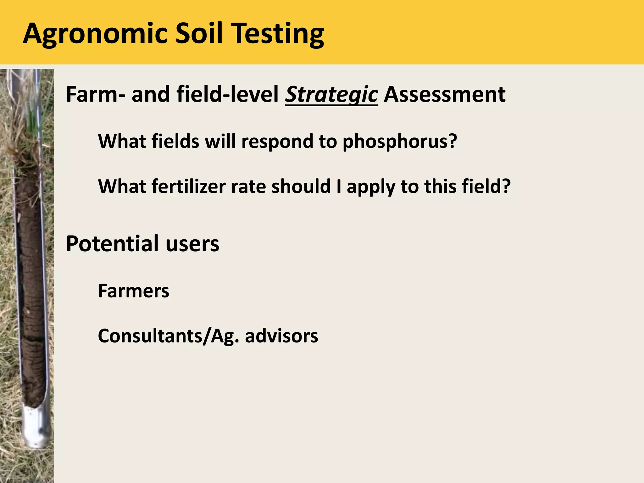 Agronomic Soil Testing
Farm- and field-level Strategic Assessment
What fields will respond to phosphorus?
What fertilizer rate should I apply to this field?
Potential users
Farmers
Consultants/Ag. advisors
 