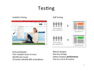 Tes2ng	
Usability	Tes2ng	 	A/B	Tes2ng	
Early	prototypes	
Test	mul2ple	issues	at	once	
Iden2fy	key	issues	
12	testers	iden2fy	85%	of	problems	
Mature	designs	
One	key	change	
Safely	compare	performance	
Test	on	a	%	of	all	visitors	
32	
 