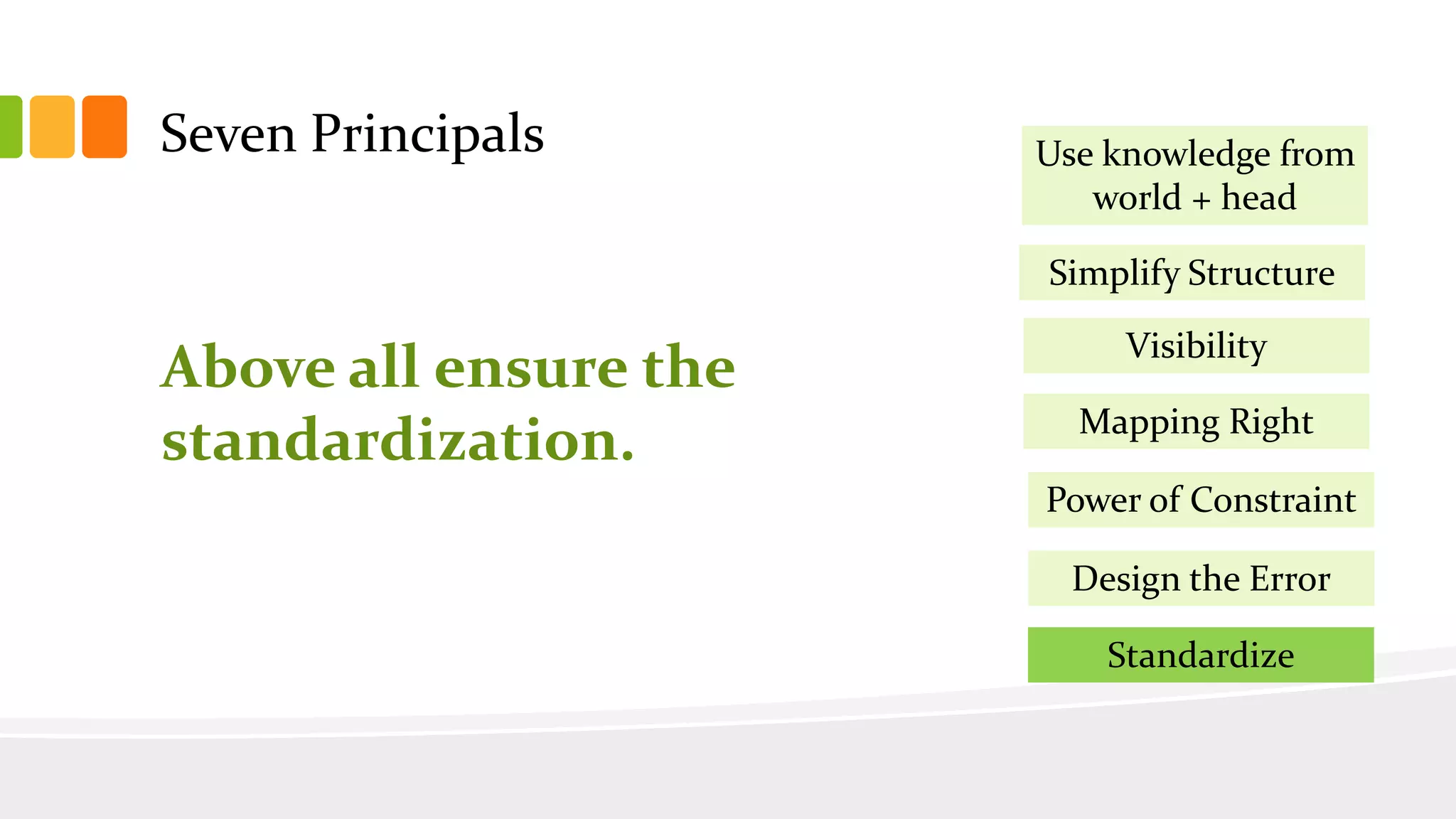 Seven Principals
Simplify Structure
Visibility
Mapping Right
Power of Constraint
Design the Error
Use knowledge from
world + head
Standardize
Above all ensure the
standardization.
 