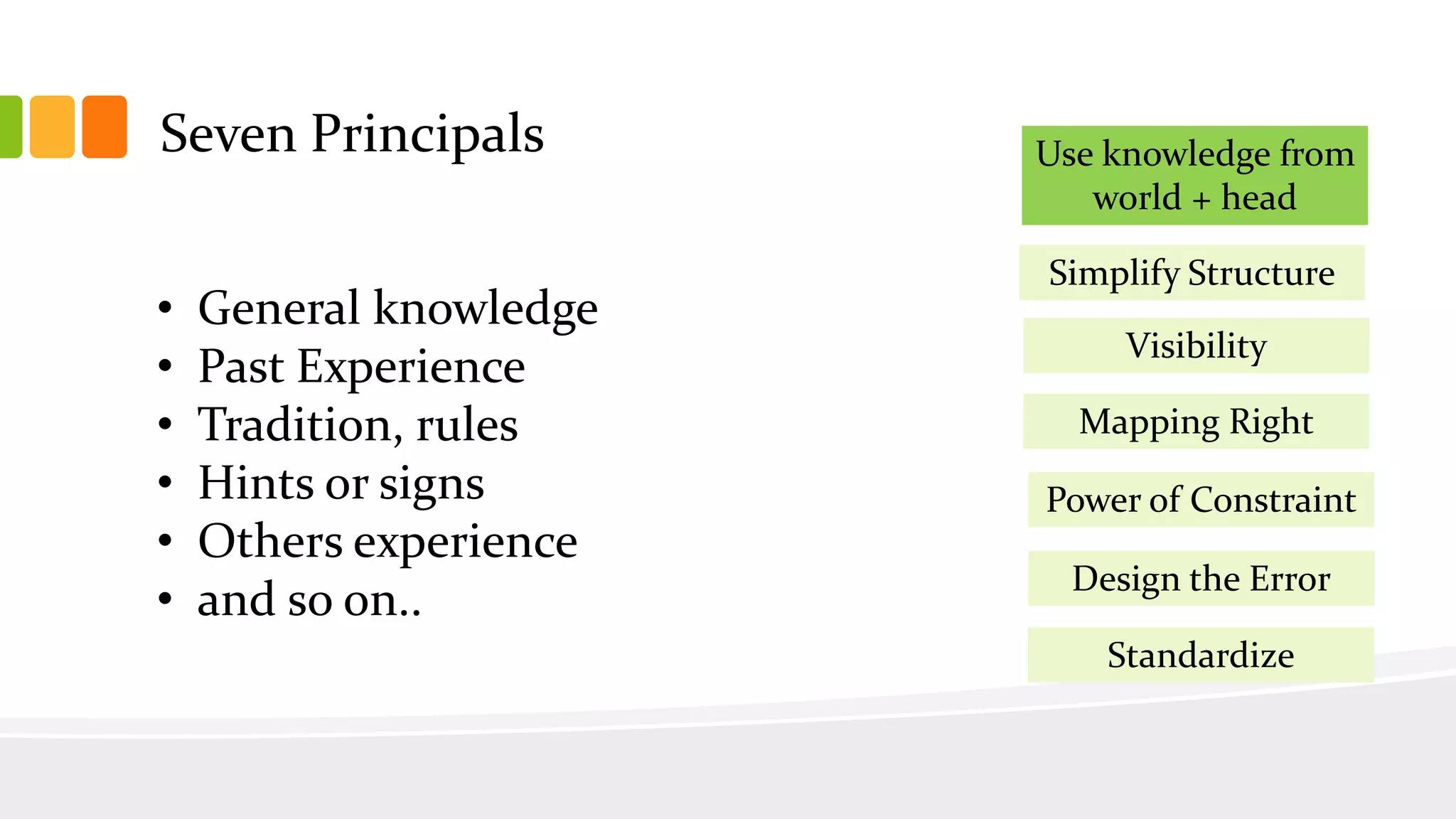 Seven Principals
Simplify Structure
Visibility
Mapping Right
Power of Constraint
Design the Error
Use knowledge from
world + head
Standardize
• General knowledge
• Past Experience
• Tradition, rules
• Hints or signs
• Others experience
• and so on..
 