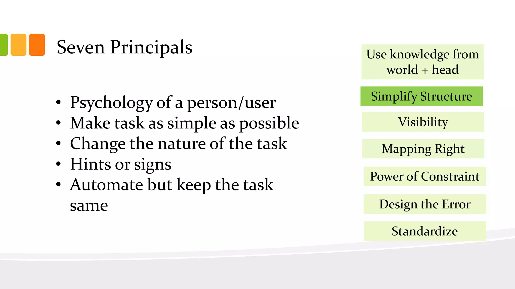 Seven Principals
Simplify Structure
Visibility
Mapping Right
Power of Constraint
Design the Error
Use knowledge from
world + head
Standardize
• Psychology of a person/user
• Make task as simple as possible
• Change the nature of the task
• Hints or signs
• Automate but keep the task
same
 