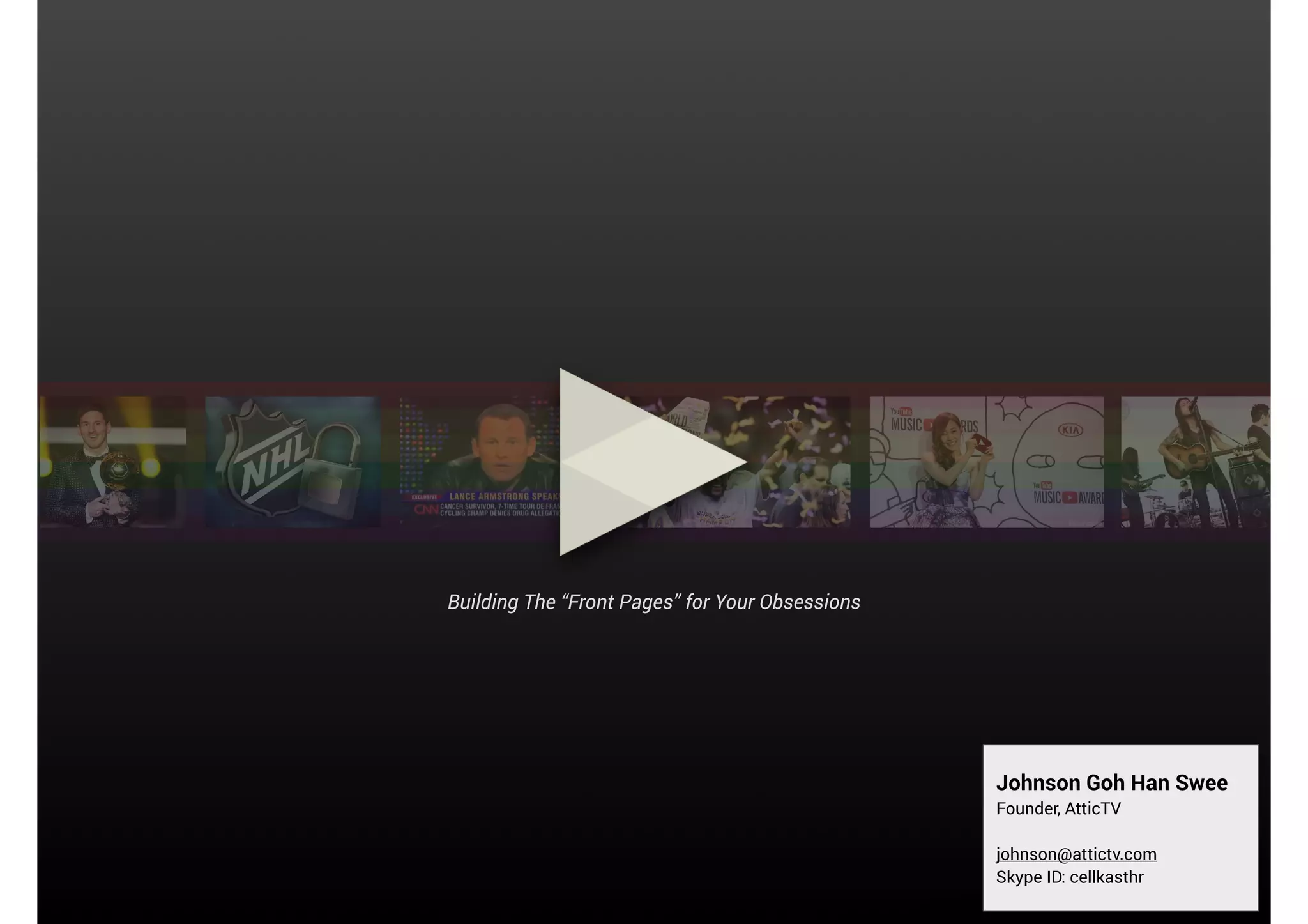 Building The “Front Pages” for Your Obsessions

Johnson Goh Han Swee
Founder, AtticTV

!

johnson@attictv.com
Skype ID: cellkasthr

 