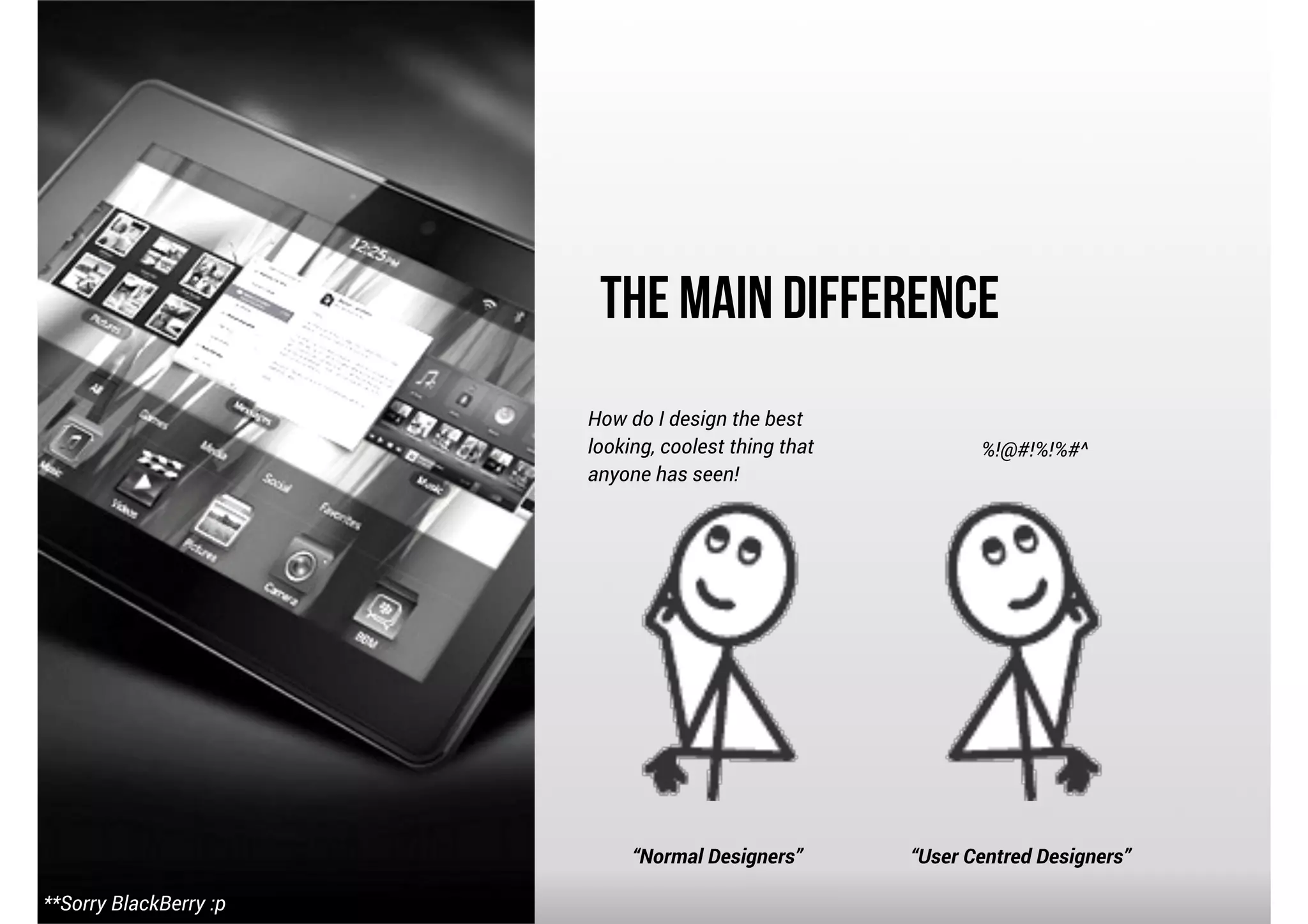 The Main Difference
How do I design the best
looking, coolest thing that
anyone has seen!

“Normal Designers”
**Sorry BlackBerry :p

%!@#!%!%#^

“User Centred Designers”

 