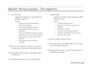Results: Persona groups – The segments
•   Structuring                                          •   Supporting
     –   Approach: Extensive, many demands,                   –   Approach: Simple, little demands, adhoc
         growth, long term.                                       and short term
     –   Goals:                                               –   Goals:
           •   Take on new issues and subjects.                     •   Clarifying existing lessons.
           •   Make lesson schemes.                                 •   Connect to the reality/world of the
           •   Guarantee educational quality.                           students.
           •   The existing method is not up to                     •   Variations in lessons.
               standards.                                           •   To be sure of your teaching skills.
           •   Connect to different levels in a group.              •   Connect to different levels in a group.
           •   Doing better than the existing method.               •   Didactics, keep order.
           •   Connect to the reality/world of the
               students.                                 “I just don’t know where to start.”
           •   No existing learning materials
               available.
                                                         “I won’t look into it very deep. When I can’t find
“There are too may tools. There is too much                  it I go to another source.”
    overlap. But I still can’t find what I need.”
                                                         “Things develop so fast, I wouldn’t know what to
“My teaching is what I am so everything has to              do without my paper.”
    be perfect.”

“Community sites have a lot of useful stuff.”
 