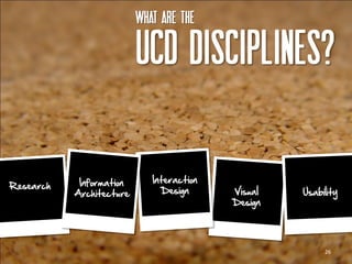 What are the

                          UCD disciplines?

            Information      Interaction
Research
           Architecture        Design      Visual   Usability
                                           Design




                                                         26
 