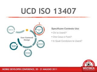 UCD ISO 13407
    1

        Specificare Contesto Uso
           Chi la Userà?
           Che Cosa ci Farà?
           In Quali Condizioni la Userà?
 