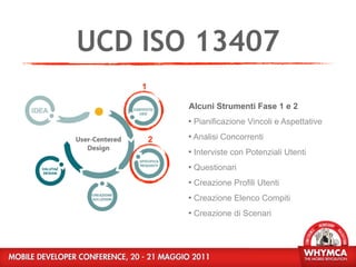 UCD ISO 13407
    1

            Alcuni Strumenti Fase 1 e 2
               Pianificazione Vincoli e Aspettative

        2    Analisi   Concorrenti
               Interviste con Potenziali Utenti
               Questionari
               Creazione Profili Utenti
               Creazione Elenco Compiti
               Creazione di Scenari
 