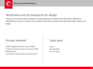 16 
Structure and interactions 
Wireframes are the blueprints for design 
They are structural documentation that organizes content and interactive elements. 
Wireframes focus on layout and content and help prioritize the elements that make up a 
page. 
Groups involved 
Global Digital Business Team (GDB) 
Customer Discovery & Innovation (CDI) 
Design Team 
Local teams (participant recruitment) 
Tools used 
Axure 
Omnigraffle 
Pen & Paper 
 