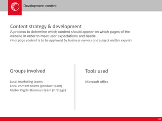 22 
Development: content 
Content strategy & development 
A process to determine which content should appear on which pages of the 
website in order to meet user expectations and needs. 
Final page content is to be approved by business owners and subject matter experts 
Groups involved 
Local marketing teams 
Local content teams (product team) 
Global Digital Business team (strategy) 
Tools used 
Microsoft office 
 