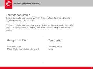 26 
Implementation and publishing 
Content population 
Once a template has passed UAT, it will be available for web editors to 
populate with approved content. 
Content population can take place on a section by section or template by template 
basis, it is not necessary for all templates to be be created before population 
begins. 
Groups involved 
Local web teams 
Global Digital Business team (support) 
Tools used 
Microsoft office 
Squiz 
 