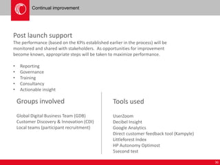 30 
Continual improvement 
Post launch support 
The performance (based on the KPIs established earlier in the process) will be 
monitored and shared with stakeholders. As opportunities for improvement 
become known, appropriate steps will be taken to maximize performance. 
• Reporting 
• Governance 
• Training 
• Consultancy 
• Actionable insight 
Groups involved 
Global Digital Business Team (GDB) 
Customer Discovery & Innovation (CDI) 
Local teams (participant recruitment) 
Tools used 
UserZoom 
Decibel Insight 
Google Analytics 
Direct customer feedback tool (Kampyle) 
Littleforest Index 
HP Autonomy Optimost 
5second test 
 