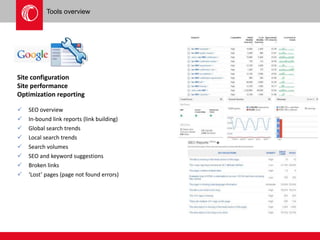Tools overview 
Site configuration 
Site performance 
Optimization reporting 
 SEO overview 
 In-bound link reports (link building) 
 Global search trends 
 Local search trends 
 Search volumes 
 SEO and keyword suggestions 
 Broken links 
 ‘Lost’ pages (page not found errors) 
 