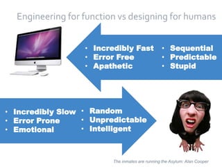8
Engineering for function vs designing for humans
• Incredibly Fast
• Error Free
• Apathetic
• Sequential
• Predictable
• Stupid
• Incredibly Slow
• Error Prone
• Emotional
• Random
• Unpredictable
• Intelligent
The inmates are running the Asylum: Alan Cooper
 