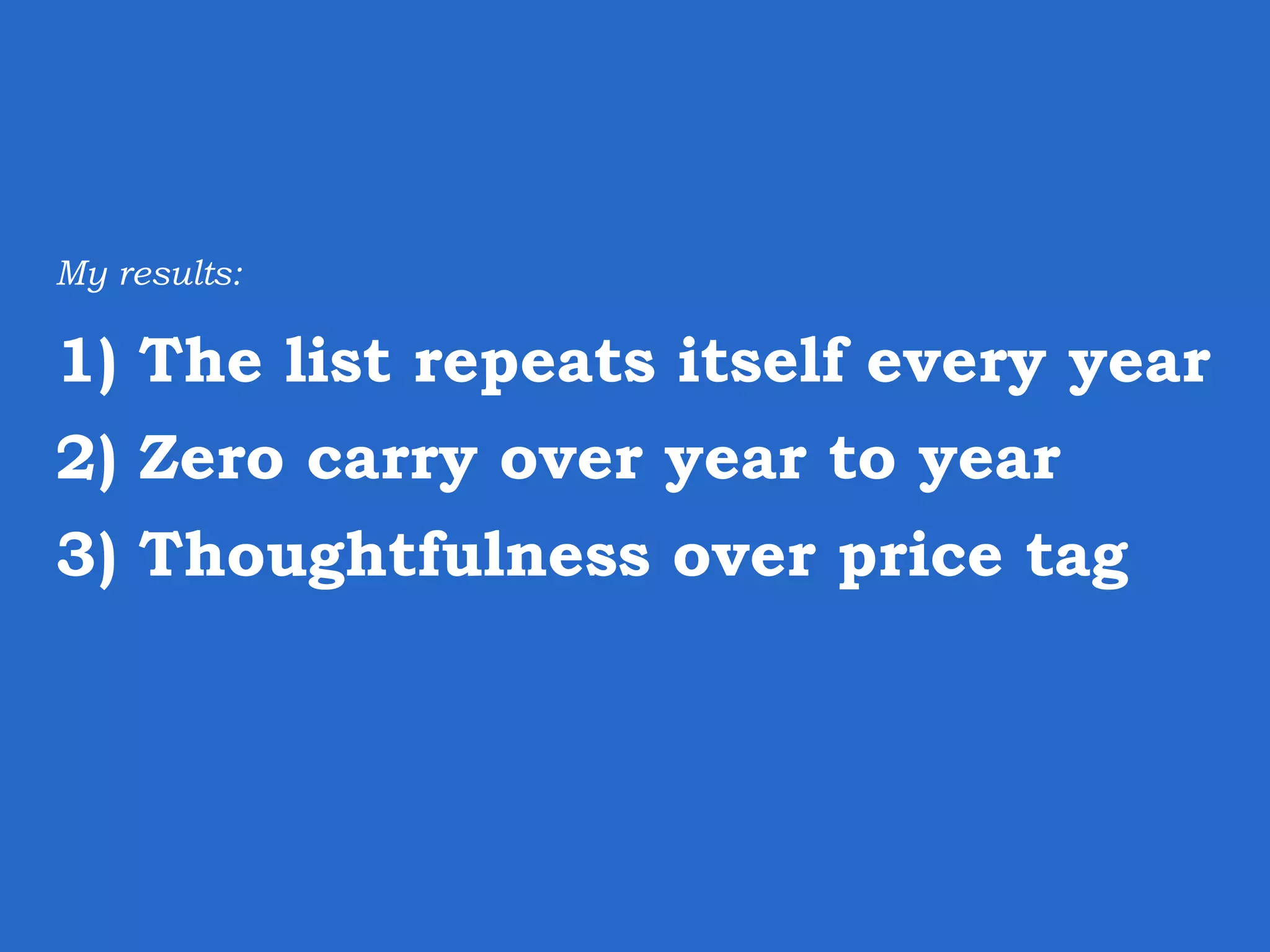 My results: 1) The list repeats itself every year 2) Zero carry over year to year 3) Thoughtfulness over price tag 