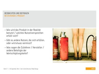  Wie wird das Produkt in der Realität
benutzt / welches Nutzenversprechen
erfüllt sich?
 Gibt es andere Nutzen, die sich erfüllen,
oder wird etwas vermisst?
 Was sagen die Zulieferer / Hersteller /
andere Beteiligte der
Wertschöpfungskette?
BESTEHENDES PRODUKT
BEOBACHTEN UND BEFRAGEN
Seite 27 | 09. September 2012 | User Centred Business Model Design
 