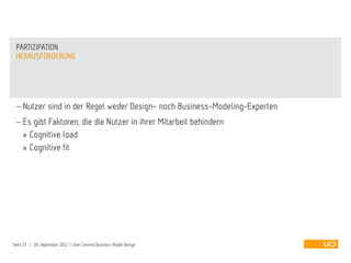  Nutzer sind in der Regel weder Design- noch Business-Modeling-Experten
 Es gibt Faktoren, die die Nutzer in ihrer Mitarbeit behindern
» Cognitive load
» Cognitive fit
HERAUSFORDERUNG
PARTIZIPATION
Seite 29 | 09. September 2012 | User Centred Business Model Design
 