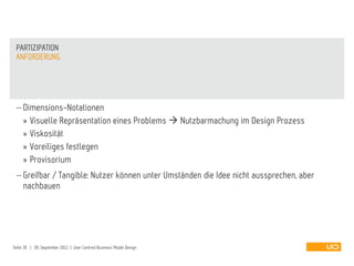  Dimensions-Notationen
» Visuelle Repräsentation eines Problems  Nutzbarmachung im Design Prozess
» Viskosität
» Voreiliges festlegen
» Provisorium
 Greifbar / Tangible: Nutzer können unter Umständen die Idee nicht aussprechen, aber
nachbauen
ANFORDERUNG
PARTIZIPATION
Seite 30 | 09. September 2012 | User Centred Business Model Design
 