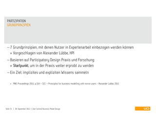 7 Grundprinzipien, mit denen Nutzer in Expertenarbeit einbezogen werden können
» Vorgeschlagen von Alexander Lübbe, HPI
 Basieren auf Participatory Design Praxis und Forschung:
» Startpunkt, um in der Praxis weiter erprobt zu werden
 Ein Ziel: implizites und expliziten Wissens sammeln
» PINC Proceedings 2011, p.318 – 322. – Pronciples for business modelling with novice users - Alexander Lübbe, 2011
GRUNDPRINZIPIEN
PARTIZIPATION
Seite 31 | 09. September 2012 | User Centred Business Model Design
 