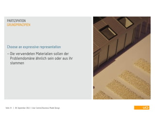 Choose an expressive representation
 Die verwendeten Materialien sollen der
Problemdomäne ähnlich sein oder aus ihr
stammen
GRUNDPRINZIPIEN
PARTIZIPATION
Seite 34 | 09. September 2012 | User Centred Business Model Design
 