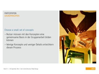 Choose a small set of concepts
 Nutzer müssen mit den Konzepten eine
gemeinsame Basis in der Gruppenarbeit bilden
können
 Wenige Konzepte und weniger Details erleichtern
diesen Prozess
GRUNDPRINZIPIEN
PARTIZIPATION
Seite 35 | 09. September 2012 | User Centred Business Model Design
 