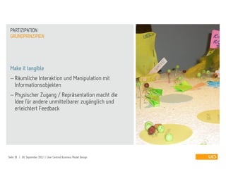 Make it tangible
 Räumliche Interaktion und Manipulation mit
Informationsobjekten
 Physischer Zugang / Repräsentation macht die
Idee für andere unmittelbarer zugänglich und
erleichtert Feedback
GRUNDPRINZIPIEN
PARTIZIPATION
Seite 38 | 09. September 2012 | User Centred Business Model Design
 