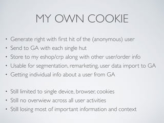 MY OWN COOKIE
• Generate right with ﬁrst hit of the (anonymous) user
• Send to GA with each single hut
• Store to my eshop...