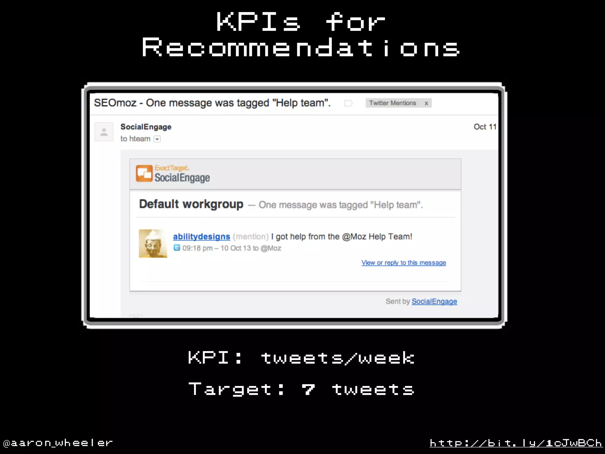KPIs for
Recommendations

KPI:

tweets/week

Target:

@aaron_wheeler

7

tweets

http://bit.ly/1cJwBCh

 