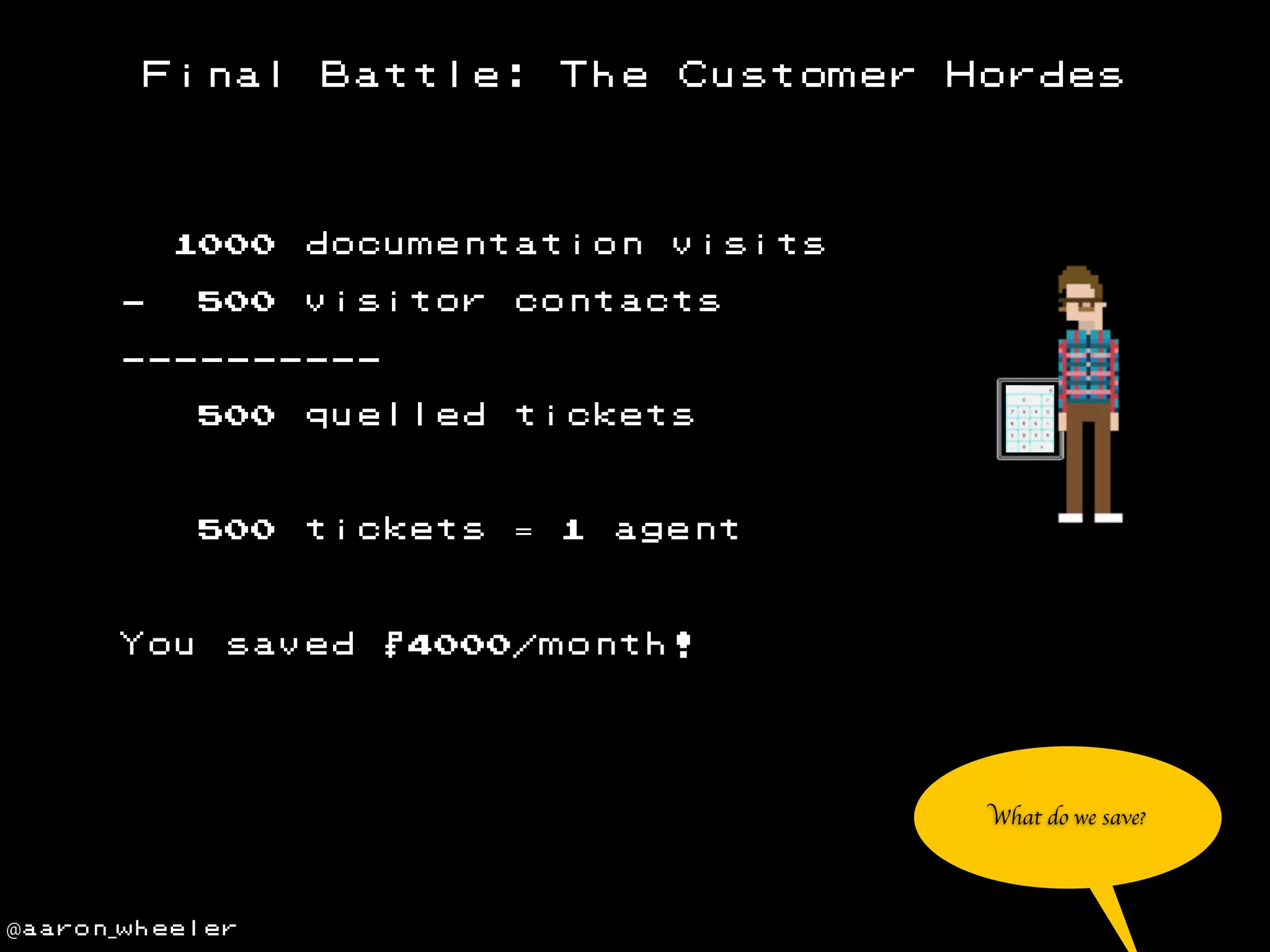Final

Battle:

The

1000 documentation
-

500 visitor

Customer

Hordes

visits

contacts

---------500 quelled

tickets

500 tickets = 1

You

saved

agent

$4000/month!

What do we save?

@aaron_wheeler

 