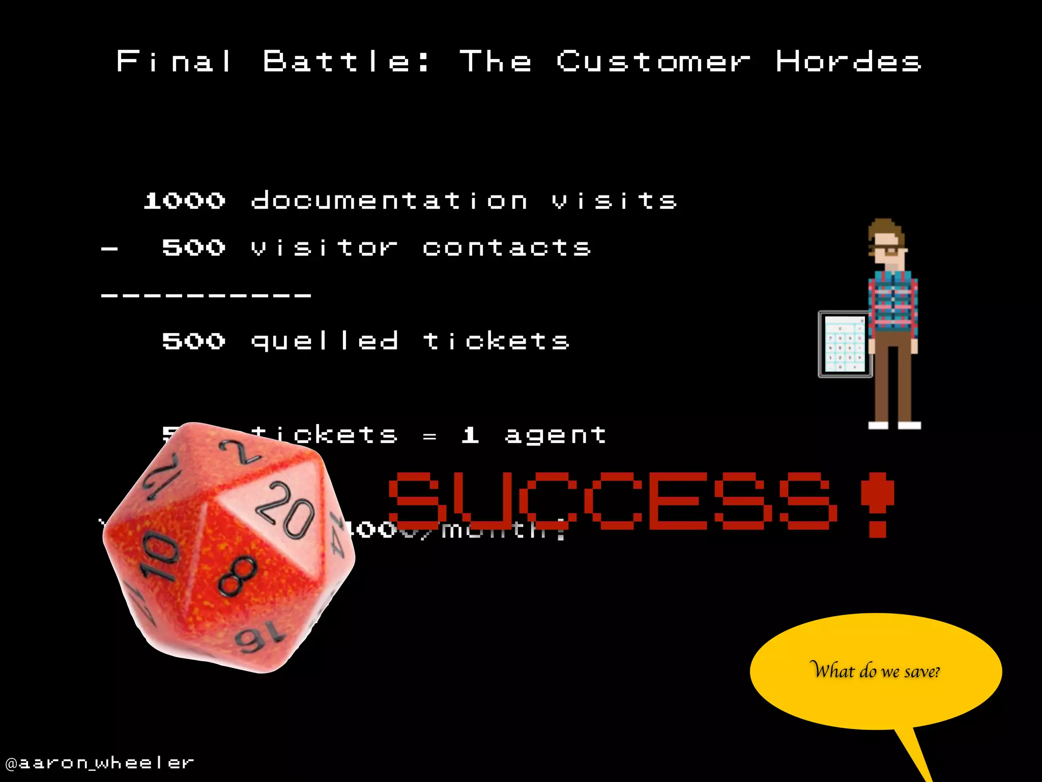 Final

Battle:

The

1000 documentation
-

500 visitor

Customer

Hordes

visits

contacts

---------500 quelled

tickets

500 tickets = 1

You

saved

agent

SUCCESS!

$4000/month!

What do we save?

@aaron_wheeler

 