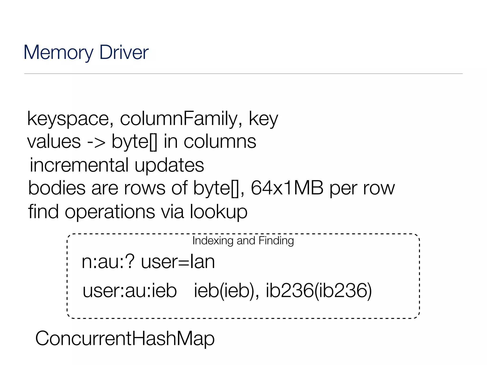Memory Driver


keyspace, columnFamily, key
values -> byte[] in columns
incremental updates
bodies are rows of byte[], 64x1MB per row
find operations via lookup
                  Indexing and Finding

      n:au:? user=Ian
      user:au:ieb ieb(ieb), ib236(ib236)

 ConcurrentHashMap
 