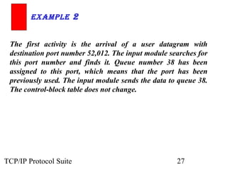 ExamplE 2


 The first activity is the arrival of a user datagram with
 destination port number 52,012. The input module searches for
 this port number and finds it. Queue number 38 has been
 assigned to this port, which means that the port has been
 previously used. The input module sends the data to queue 38.
 The control-block table does not change.




TCP/IP Protocol Suite                               27
 