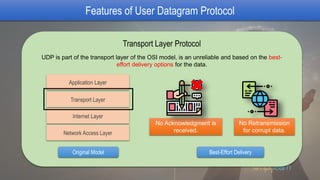 Features of User Datagram Protocol
Transport Layer Protocol
UDP is part of the transport layer of the OSI model, is an unreliable and based on the best-
effort delivery options for the data.
Internet Layer
Network Access Layer
Transport Layer
Application Layer
Original Model
No Acknowledgment is
received.
No Retransmission
for corrupt data.
Best-Effort Delivery
 