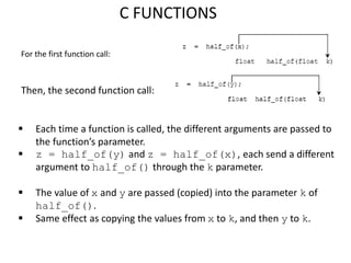 For the first function call:
Then, the second function call:
 Each time a function is called, the different arguments are passed to
the function’s parameter.
 z = half_of(y) and z = half_of(x), each send a different
argument to half_of() through the k parameter.
 The value of x and y are passed (copied) into the parameter k of
half_of().
 Same effect as copying the values from x to k, and then y to k.
C FUNCTIONS
 