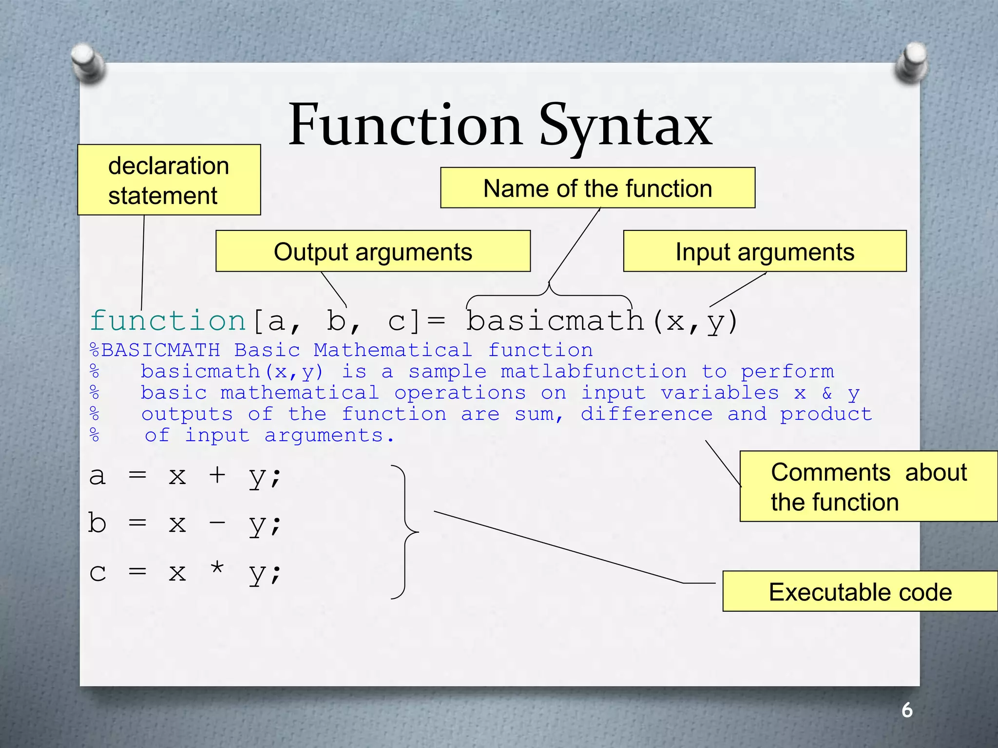 Function Syntax
function[a, b, c]= basicmath(x,y)
%BASICMATH Basic Mathematical function
% basicmath(x,y) is a sample matlabfunction to perform
% basic mathematical operations on input variables x & y
% outputs of the function are sum, difference and product
% of input arguments.
a = x + y;
b = x – y;
c = x * y;
6
Output arguments
Executable code
Comments about
the function
Name of the function
Input arguments
declaration
statement
 