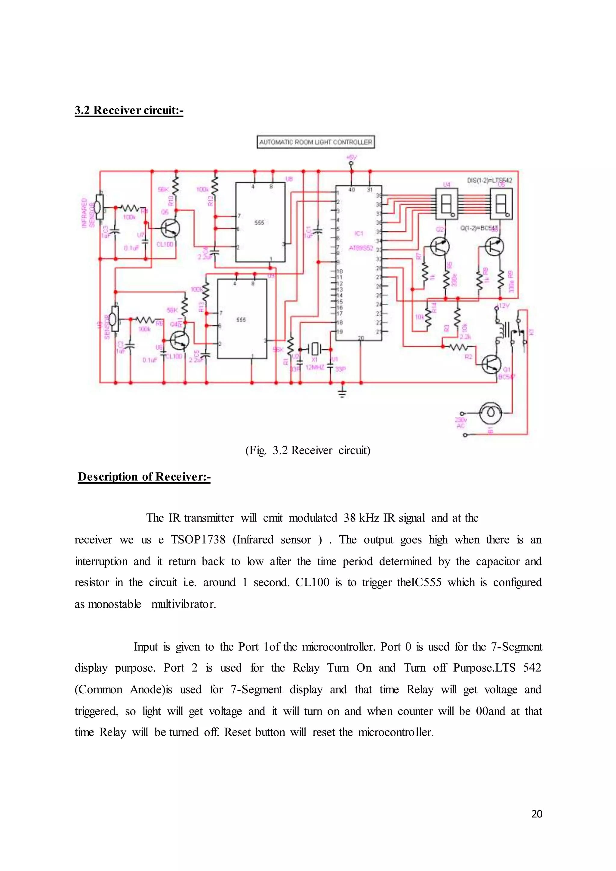 20
3.2 Receiver circuit:-
(Fig. 3.2 Receiver circuit)
Description of Receiver:-
The IR transmitter will emit modulated 38 kHz IR signal and at the
receiver we us e TSOP1738 (Infrared sensor ) . The output goes high when there is an
interruption and it return back to low after the time period determined by the capacitor and
resistor in the circuit i.e. around 1 second. CL100 is to trigger theIC555 which is configured
as monostable multivibrator.
Input is given to the Port 1of the microcontroller. Port 0 is used for the 7-Segment
display purpose. Port 2 is used for the Relay Turn On and Turn off Purpose.LTS 542
(Common Anode)is used for 7-Segment display and that time Relay will get voltage and
triggered, so light will get voltage and it will turn on and when counter will be 00and at that
time Relay will be turned off. Reset button will reset the microcontroller.
 