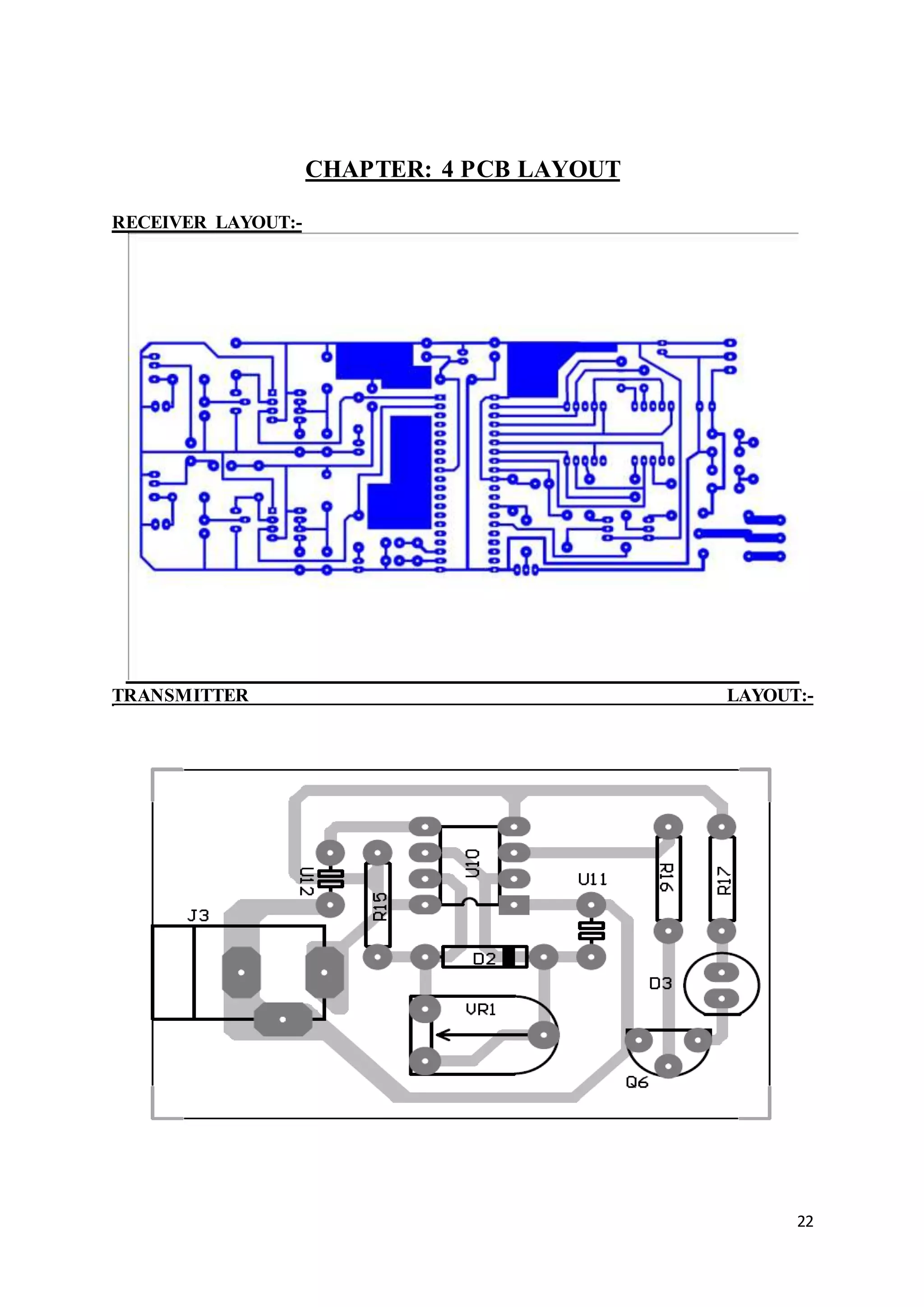 22
CHAPTER: 4 PCB LAYOUT
RECEIVER LAYOUT:-
TRANSMITTER LAYOUT:-
 