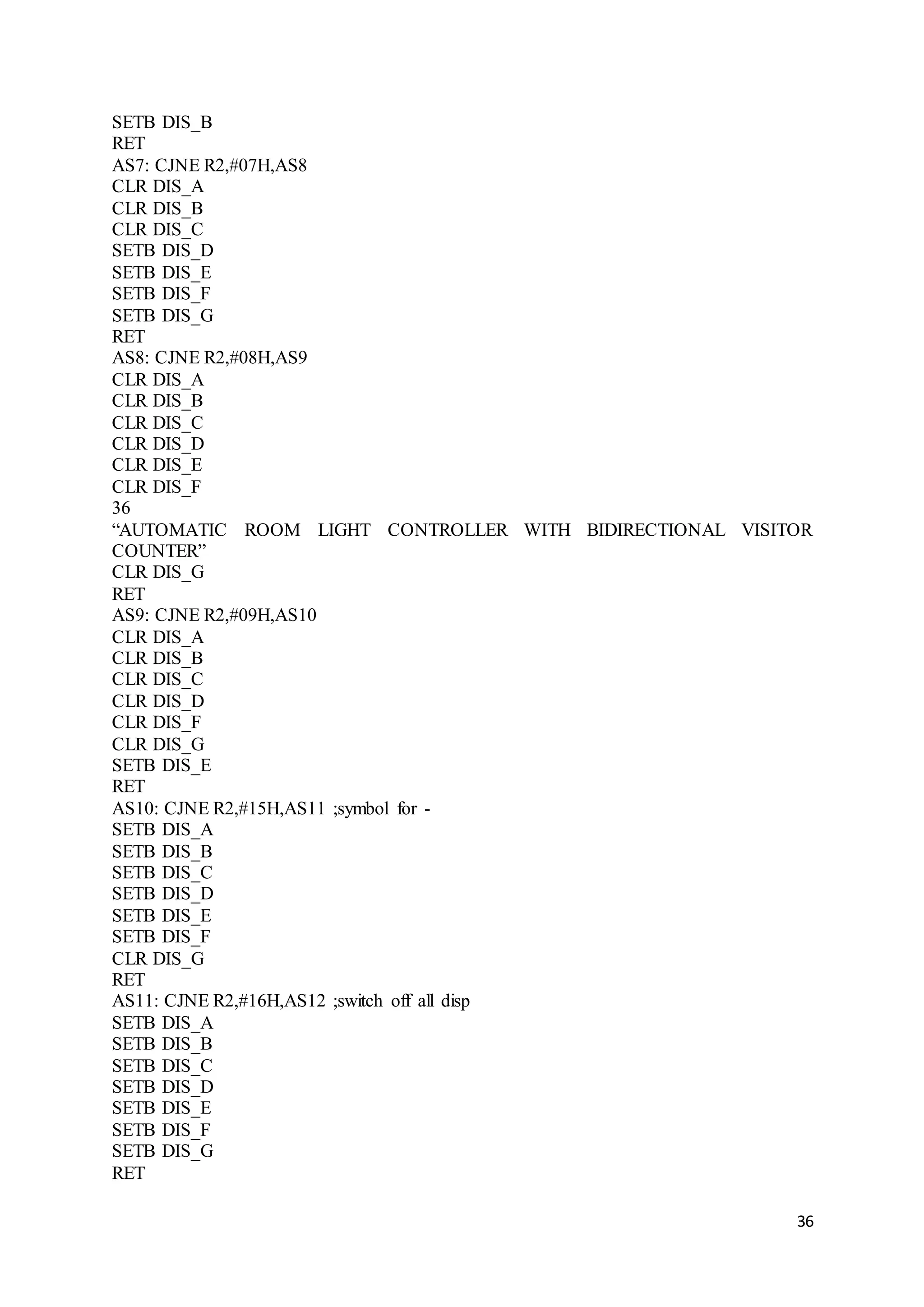36
SETB DIS_B
RET
AS7: CJNE R2,#07H,AS8
CLR DIS_A
CLR DIS_B
CLR DIS_C
SETB DIS_D
SETB DIS_E
SETB DIS_F
SETB DIS_G
RET
AS8: CJNE R2,#08H,AS9
CLR DIS_A
CLR DIS_B
CLR DIS_C
CLR DIS_D
CLR DIS_E
CLR DIS_F
36
“AUTOMATIC ROOM LIGHT CONTROLLER WITH BIDIRECTIONAL VISITOR
COUNTER”
CLR DIS_G
RET
AS9: CJNE R2,#09H,AS10
CLR DIS_A
CLR DIS_B
CLR DIS_C
CLR DIS_D
CLR DIS_F
CLR DIS_G
SETB DIS_E
RET
AS10: CJNE R2,#15H,AS11 ;symbol for -
SETB DIS_A
SETB DIS_B
SETB DIS_C
SETB DIS_D
SETB DIS_E
SETB DIS_F
CLR DIS_G
RET
AS11: CJNE R2,#16H,AS12 ;switch off all disp
SETB DIS_A
SETB DIS_B
SETB DIS_C
SETB DIS_D
SETB DIS_E
SETB DIS_F
SETB DIS_G
RET
 