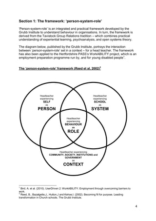 Section 1: The framework: ‘person-system-role’

„Person-system-role‟ is an integrated and practical framework developed by the
Grubb Institute to understand behaviour in organisations. In turn, the framework is
derived from the Tavistock Group Relations tradition – which combines practical
understanding of experiential learning, psychoanalysis, and open systems theory.

The diagram below, published by the Grubb Institute, portrays the interaction
between „person-system-role‟ set in a context – for a head teacher. The framework
has also been applied to the Hertfordshire PASS‟s WorkABILITY project, which is an
employment preparation programme run by, and for young disabled people1.


The ‘person-system-role’ framework (Reed et al, 2002)2




                 Headteacher                                  Headteacher
                 experiencing                                 experiencing
                    SELF                                       SCHOOL
                      as                                           as
               PERSON                                        SYSTEM

                                        Headteacher
                                        experiencing
                                      BEHAVIOUR
                                            as
                                        ROLE



                                 Headteacher experiencing
                           COMMUNITY, SOCIETY, INSTITUTIONS and
                                      GOVERNMENT
                                           as
                                     CONTEXT




1
  Bird, A. et al. (2010). UserDriven 2: WorkABILITY: Employment through overcoming barriers to
work.
2
  Reed, B., Bazalgette,J., Hutton,J and Kehoe,I. (2002). Becoming fit for purpose. Leading
transformation in Church schools. The Grubb Institute.


                                                                                                 4
 