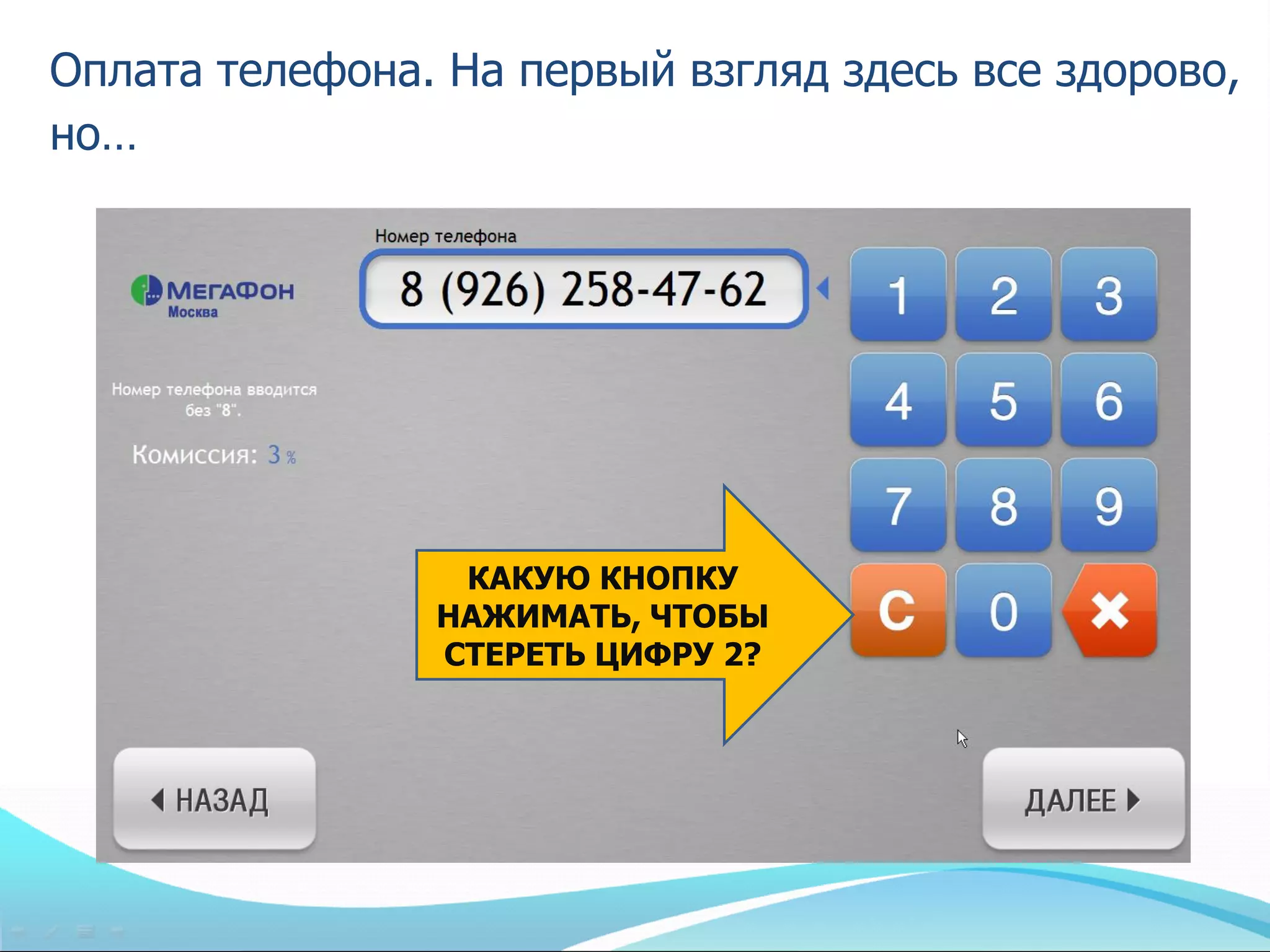 Оплата телефона. На первый взгляд здесь все здорово,
но…




                 КАКУЮ КНОПКУ
                НАЖИМАТЬ, ЧТОБЫ
                СТЕРЕТЬ ЦИФРУ 2?
 