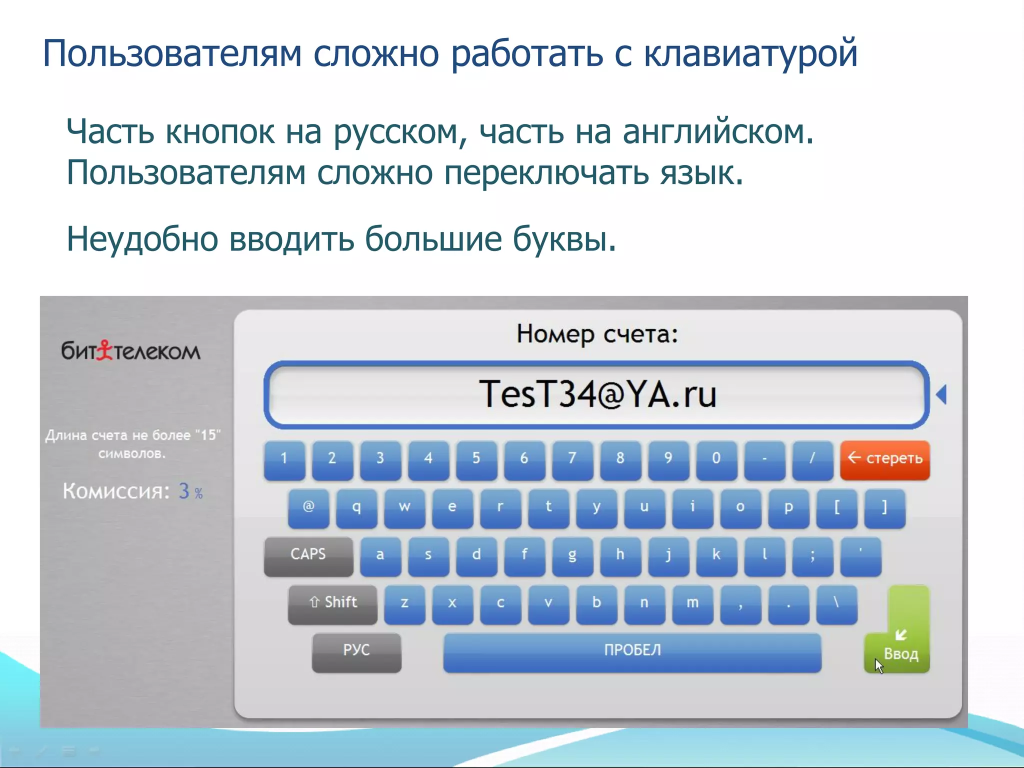 Пользователям сложно работать с клавиатурой

 Часть кнопок на русском, часть на английском.
 Пользователям сложно переключать язык.
 Неудобно вводить большие буквы.
 