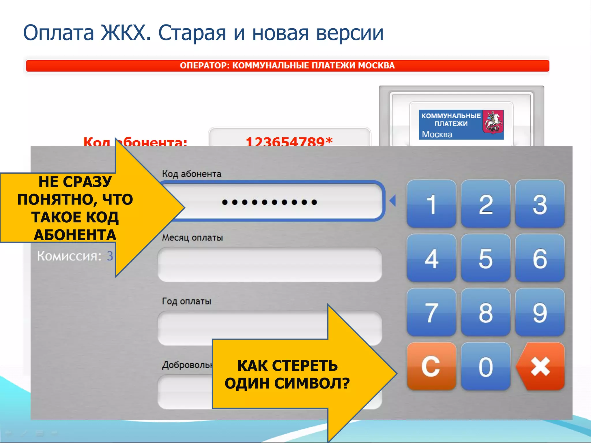 Оплата ЖКХ. Старая и новая версии




  НЕ СРАЗУ
ПОНЯТНО, ЧТО
 ТАКОЕ КОД
 АБОНЕНТА




                   КАК СТЕРЕТЬ
                  ОДИН СИМВОЛ?
 