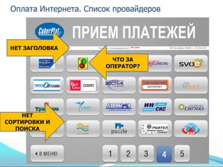 Оплата Интернета. Список провайдеров



 НЕТ ЗАГОЛОВКА

                         ЧТО ЗА
                       ОПЕРАТОР?




     НЕТ
СОРТИРОВКИ И
   ПОИСКА
 