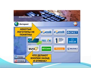 НЕКОТЫЕ
ЛОГОТИПЫ НЕ
 ПОНЯТНЫ




         ЧТО ДЕЛАЮТ
        КНОПКИ НАЗАД
          И ОТМЕНА?
 