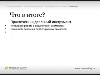 Постановка проблемы  |  Где мы искали спасение?  | Adobe Fireworks  как решение  |   Что в итоге?   www.uimodeling.ru Что в итоге? Практически идеальный инструмент Неудобная работа с библиотекой элементов ; Сложность создания редактируемых символов ; … 