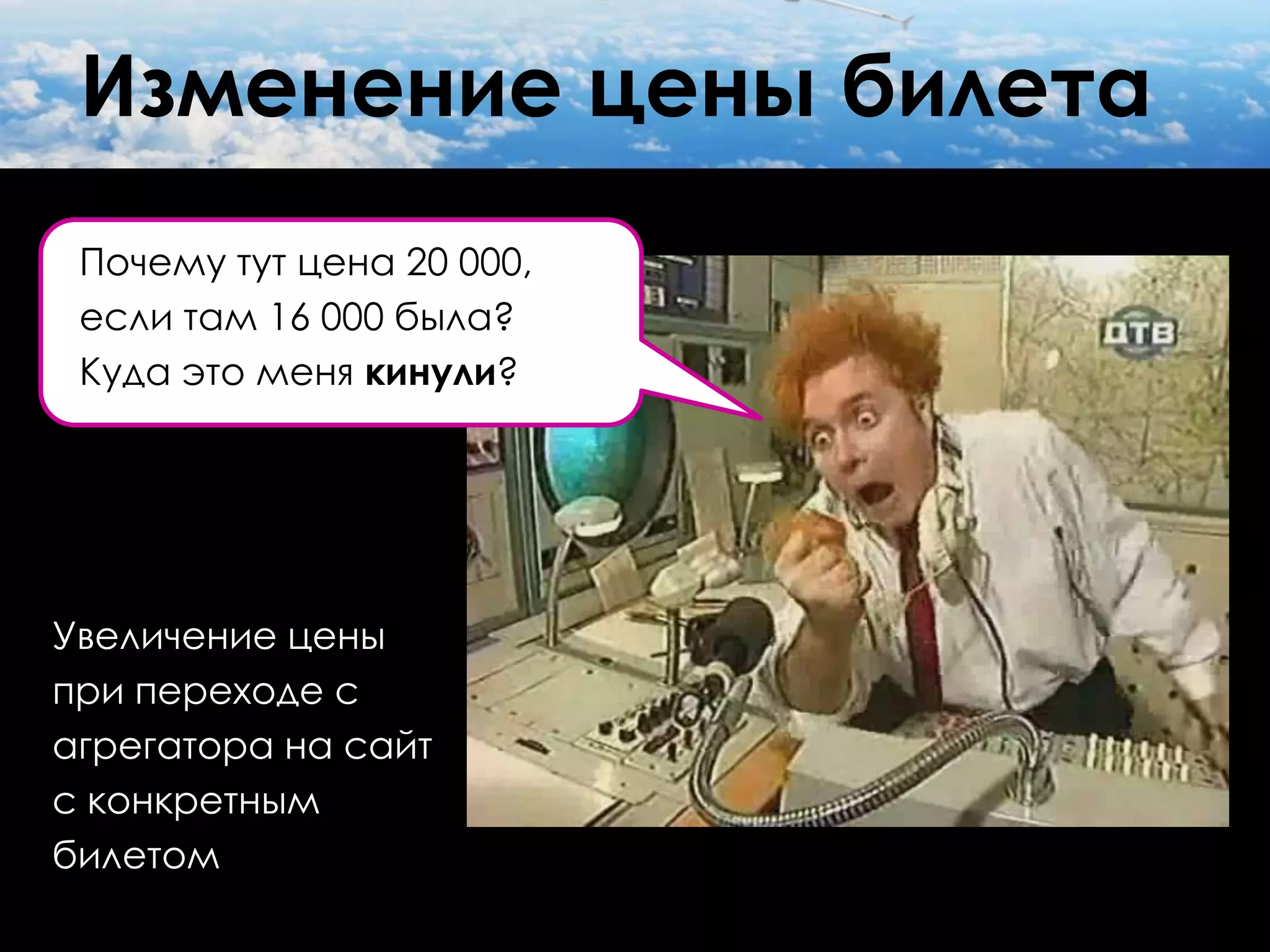 Изменение цены билета
 Почему тут цена 20 000,
 если там 16 000 была?
 Куда это меня кинули?




Увеличение цены
при переходе с
агрегатора на сайт
с конкретным
билетом
 