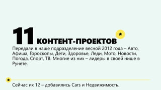 11КОНТЕНТ-ПРОЕКТОВ 
Передали в наше подразделение весной 2012 года –Авто, Афиша, Гороскопы, Дети, Здоровье, Леди, Мото, Новости, Погода, Спорт, ТВ. Многие из них –лидеры в своей нише в Рунете. 
Уже 12 –добавились Cars и Недвижимость, Мотостал частью Авто 
* 
*  