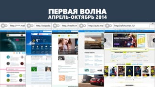 ПЕРВАЯ ВОЛНА 
АПРЕЛЬ-ОКТЯБРЬ 2014 
http://afisha.mail.ru/ 
http://auto.mai 
http://health.m 
http://pogoda. 
http://****.mail  