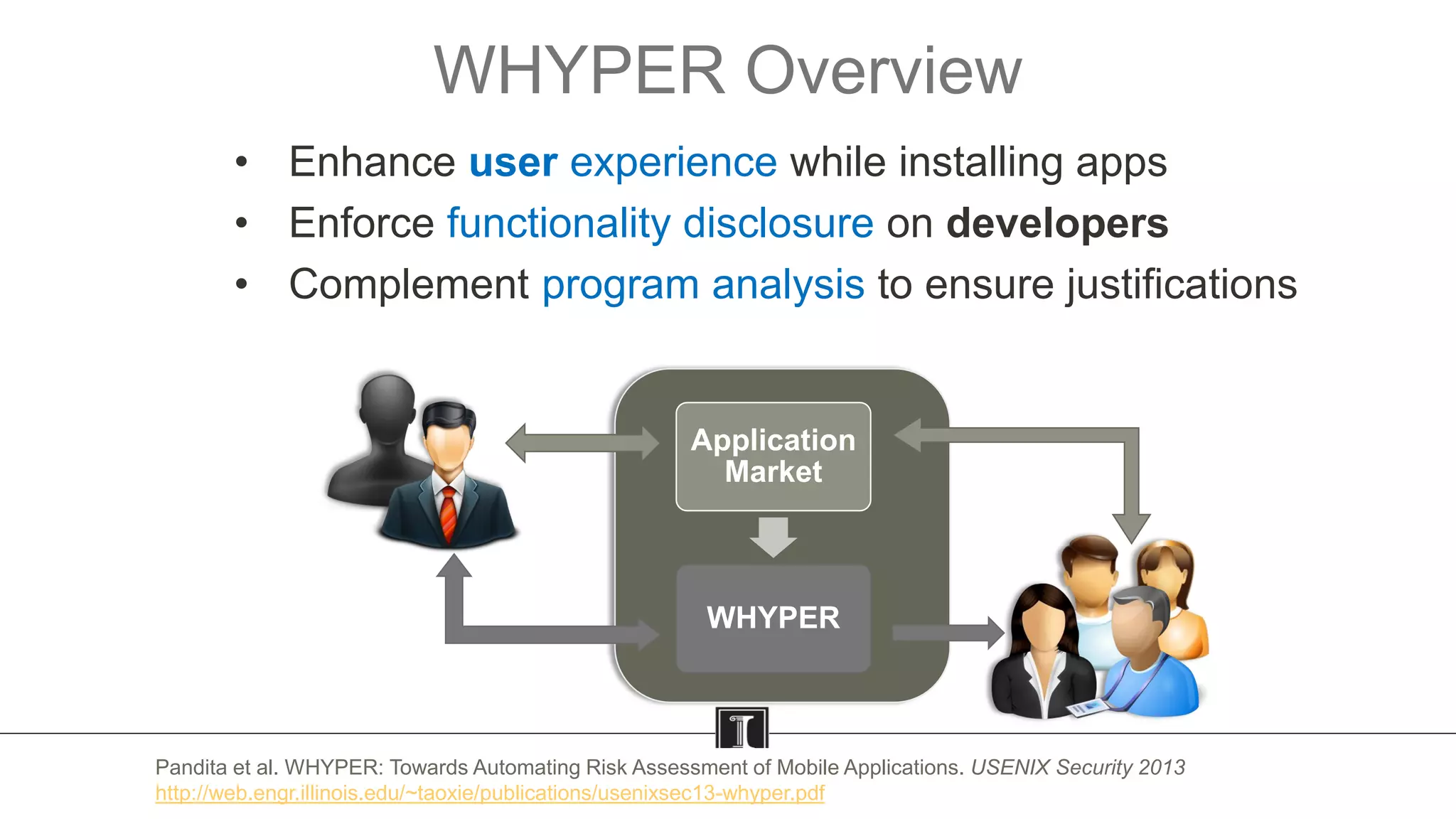 WHYPER Overview
Application
Market
WHYPER
DEVELOPERS
USERS 13Pandita et al. WHYPER: Towards Automating Risk Assessment of Mobile Applications. USENIX Security 2013
http://web.engr.illinois.edu/~taoxie/publications/usenixsec13-whyper.pdf
• Enhance user experience while installing apps
• Enforce functionality disclosure on developers
• Complement program analysis to ensure justifications
 