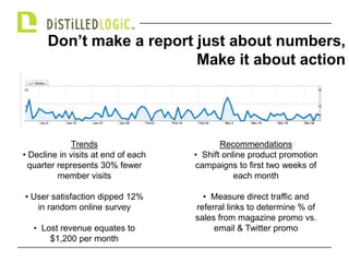 Don’t make a report just about numbers, Make it about actionTrends   Decline in visits at end of each quarter represents 30% fewer member visits